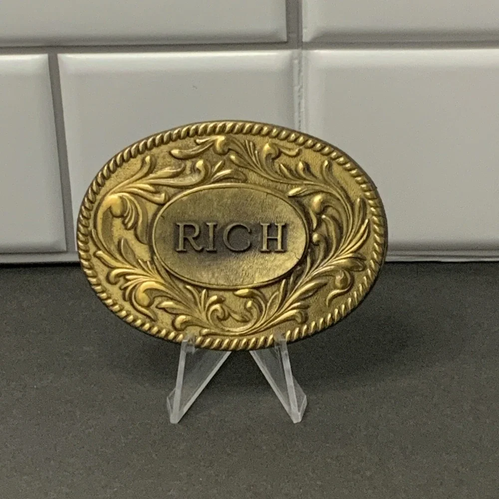 Vintage 1977 The Kinney Co RICH Name Belt Buckle Brass Tone Western Floral Boxed